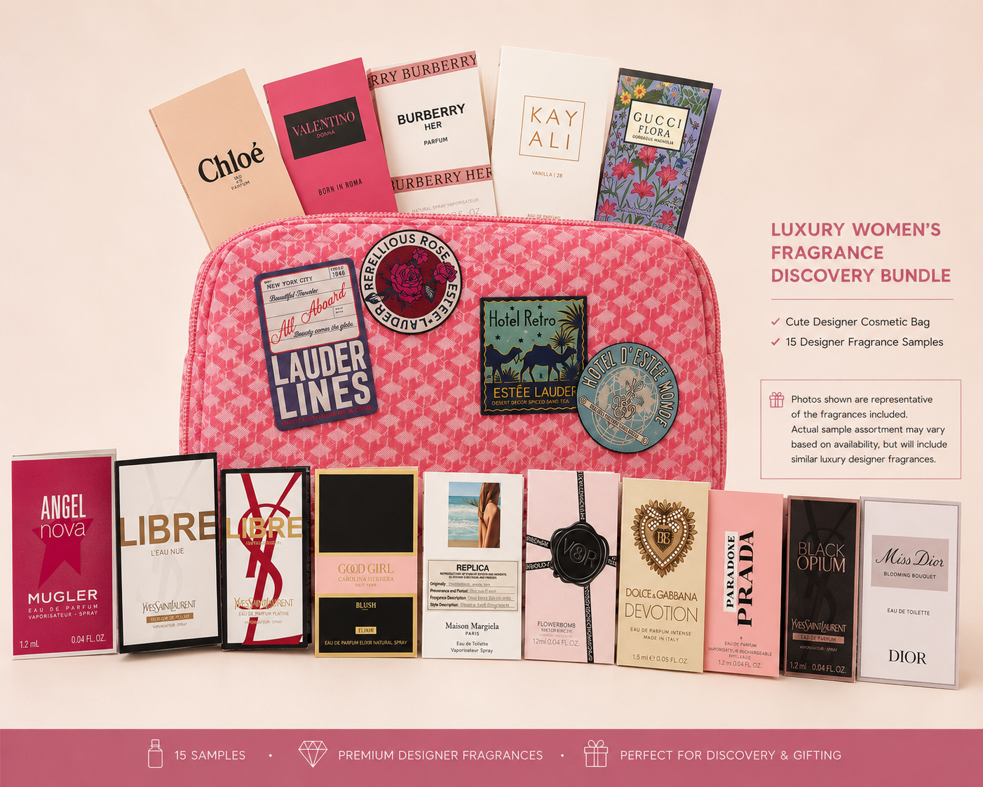 Luxury Women’s Fragrance Discovery Bundle | 15 Designer Samples + Travel Cosmetic Bag